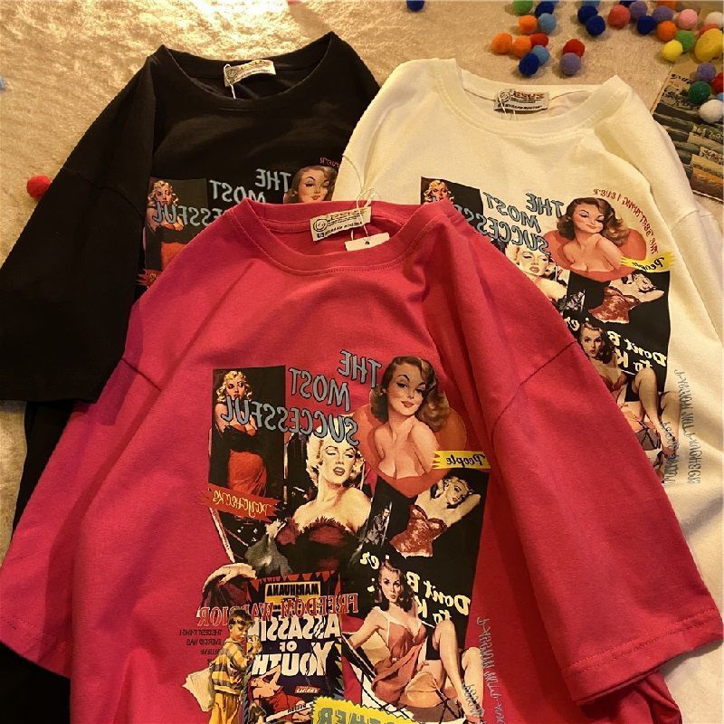Áo Thun Cotton Ngắn Tay Dáng Rộng Thời Trang Mùa Hè Phong Cách Retro Mỹ