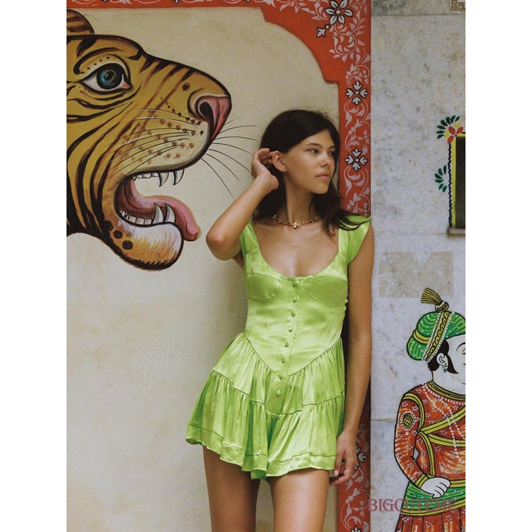 Đầm Chữ A Mini Không Tay Cổ Vuông Cắt Sâu Cài Nút Y2K Phong Cách Vintage Dễ Thương Cho Nữ