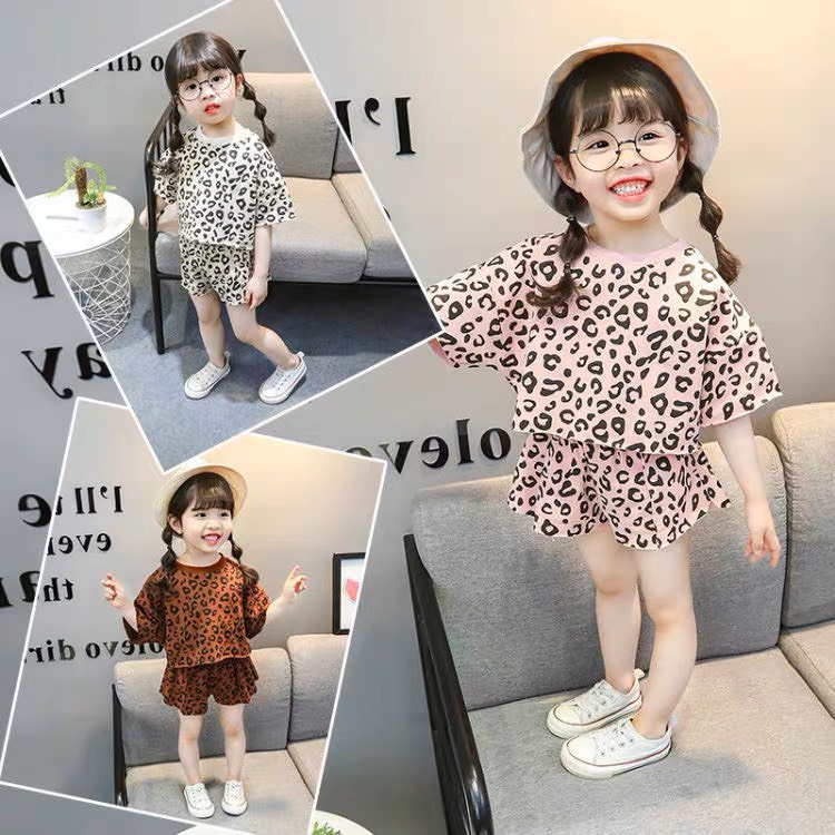 Bộ cộc tay cho bé gái, Quần áo mùa hè họa tiết da báo chất cotton mềm đẹp thấm hút tốt đủ size 1-8 tuổi BDB