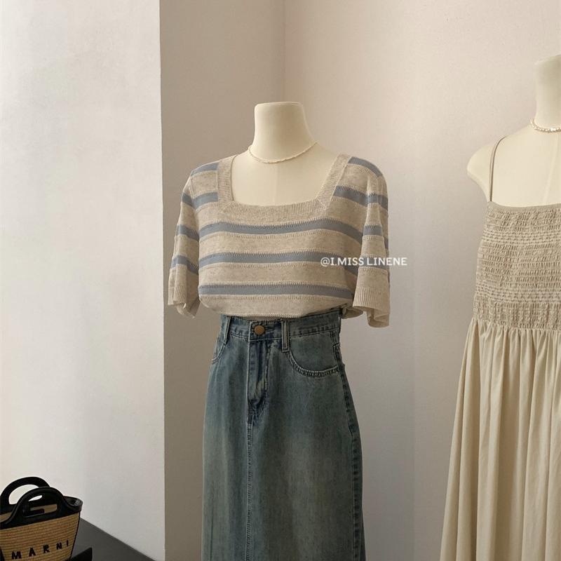 Áo Thun Tay Ngắn Cổ Vuông Họa Tiết Kẻ Sọc Thời Trang Mùa Hè 2022 Phong Cách Hong Kong Hàng Mới Dành Cho Bạn Nữ