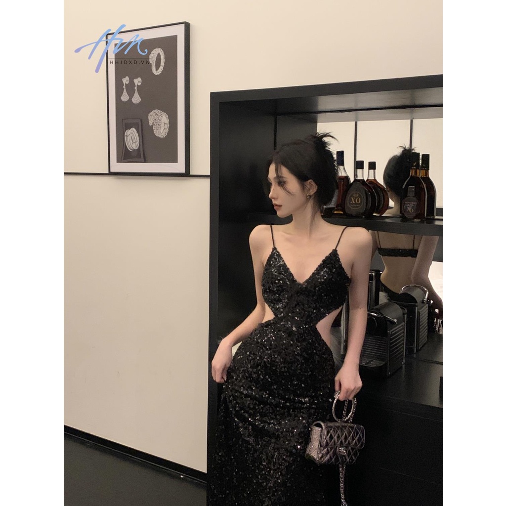 Hhjdxd Đầm Hai Dây Dáng Dài Đính Kim Sa Màu Đen Thời Trang Mùa Xuân Quyến Rũ Cho Nữ