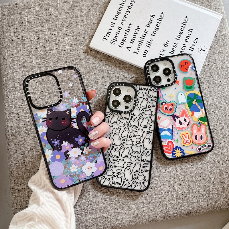 Casetify Ốp Điện Thoại Nhựa Acrylic Cứng In Hình Mèo Và Hoa Hoạt Hình Cho iPhone 15 14 13 12 11 Pro Max Plus