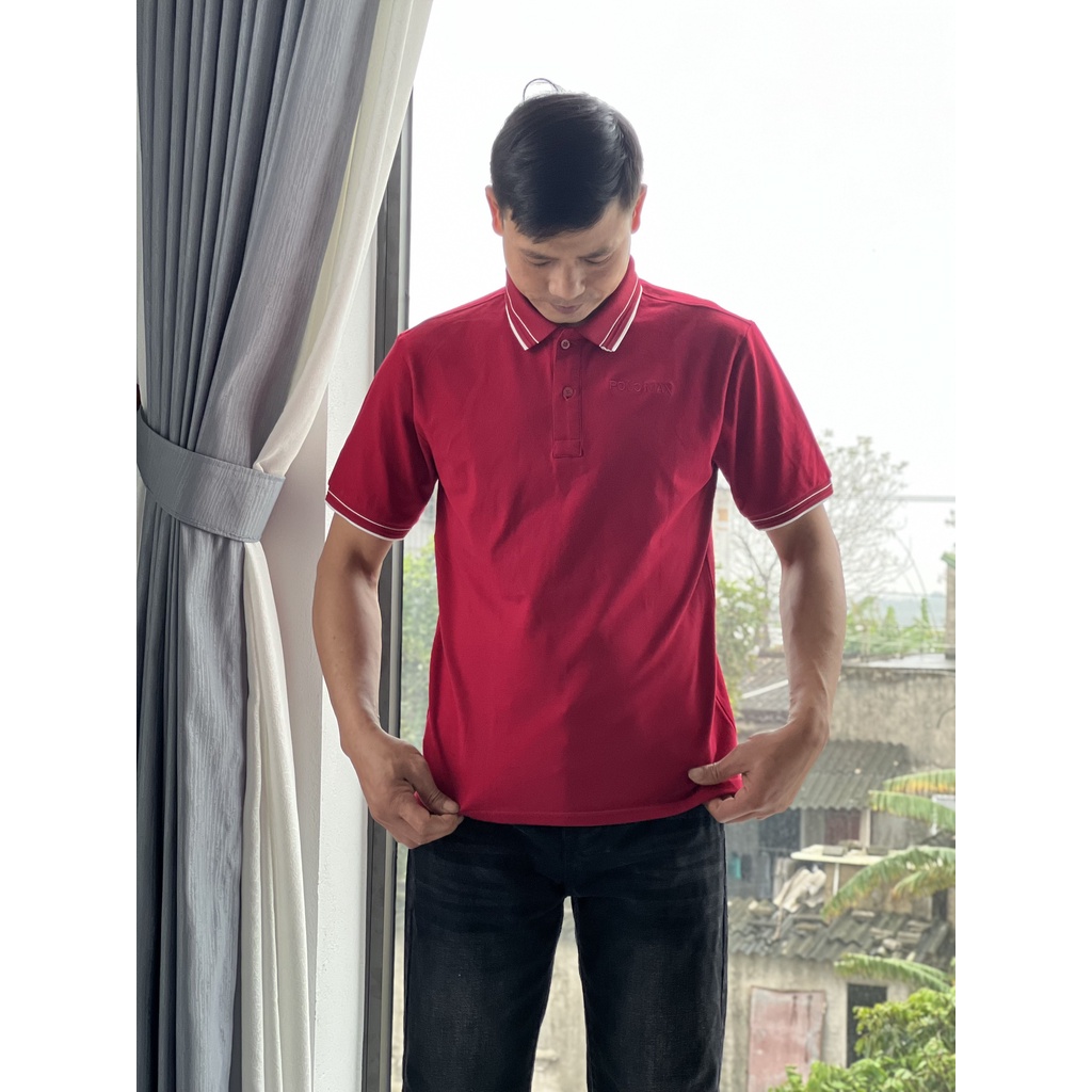 ÁO POLO NAM MÀU ĐỎ ĐÔ CÓ VIỀN, CO GIÃN 4 CHIỀU, THÊU CHỮ