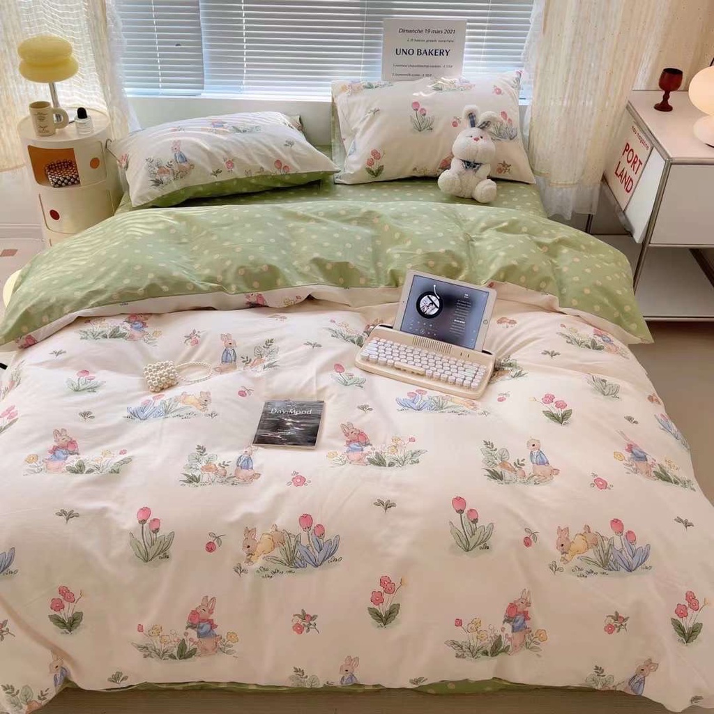 Chăn Ga Gối Cotton Living "Hoa Chùm Xanh " - Bộ Chăn Ga Gối Cotton 100% Nhập Khẩu 4 món