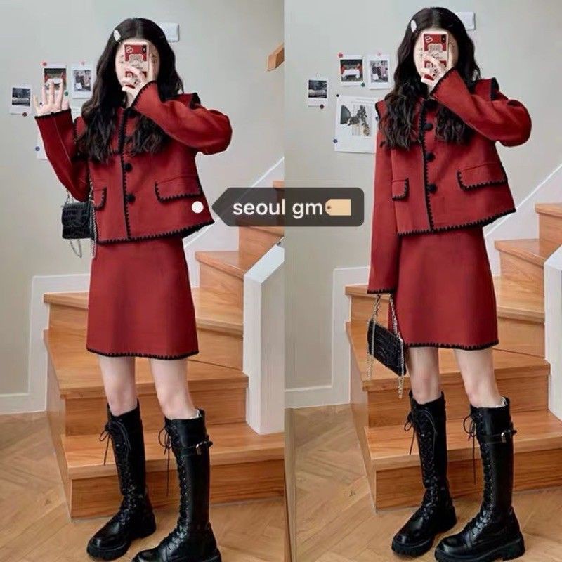 ( có tách set) Set áo khoác và chân váy màu đỏ cam đất viền đen ullzang - Có ảnh thật
