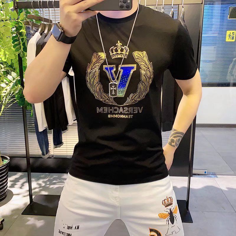 Áo Thun Cotton Tay Ngắn In Hình Vương Miện Đính Đá Thời Trang Mùa Hè Hàn Quốc Hàng Mới 2023 Dành Cho Bạn Nam