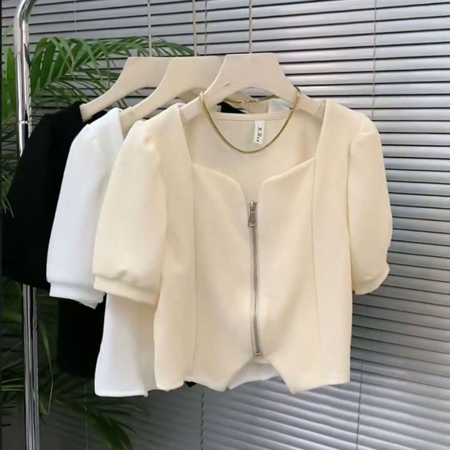 Áo Cardigan Cổ Vuông Tay Phồng Phối Khóa Kéo Phong Cách Pháp Thời Trang Mùa Hè Mới Cho Nữ