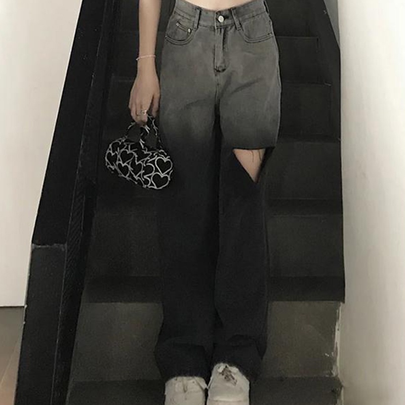 IELGYQuần Jean Dài Lưng Cao Ống Rộng Phối Rách Cá Tính Cho Nữ