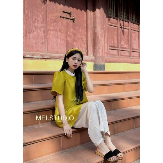 Sét Tiểu Thư Nữ Phong Cách HÀN QUỐC, Áo Nữ Cổ Tròn Tay Phồng Phối Quần Suông Trắng Thiết Kế Phối Màu Siêu Sang