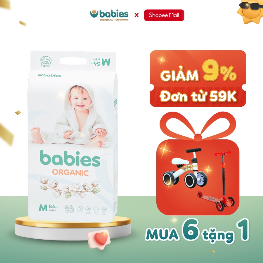 Combo 6 bịch Tã Quần Babies Organic M54 L50 XL46 XXL40 XXXL38