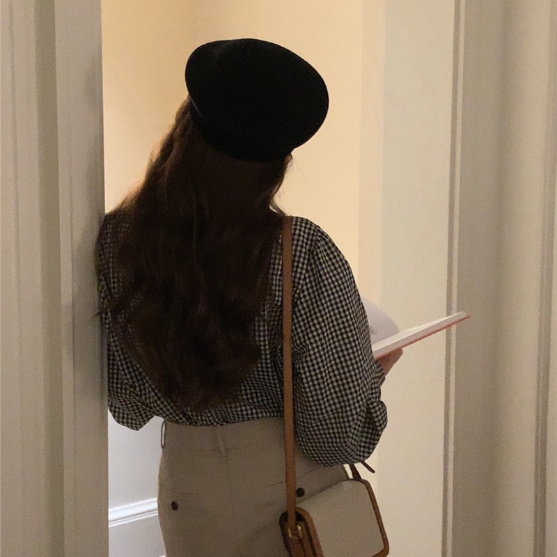 Áo sơ mi SUXI tay dài thắt nơ họa tiết kẻ sọc màu tương phản phong cách Hàn Quốc