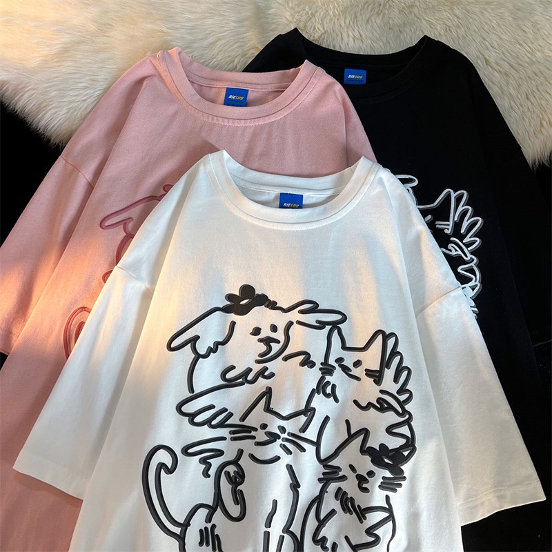 Áo Thun Tay Ngắn Cổ Tròn Dáng Rộng In Hình Mèo Thời Trang Mùa Hè 2023 Cho Nam Và Nữ