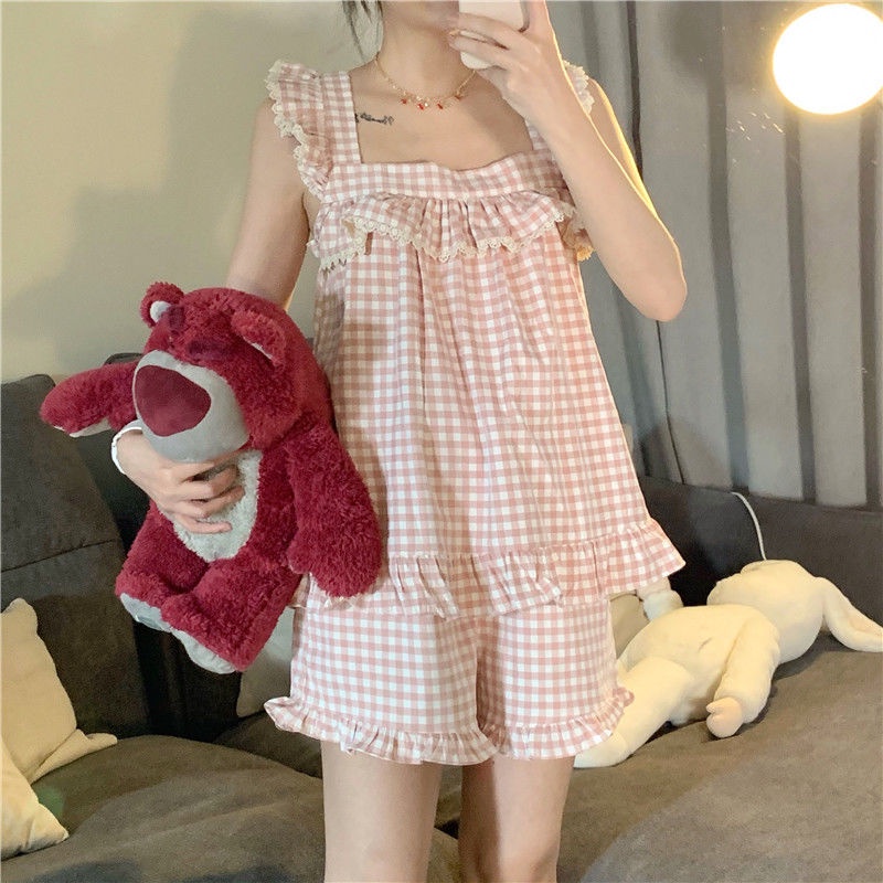Jiashucheng Bộ Đồ Ngủ Áo Hai Dây Phối Quần Short Họa Tiết Caro Dễ Thương Thời Trang Mùa Hè Cho Bạn Gái