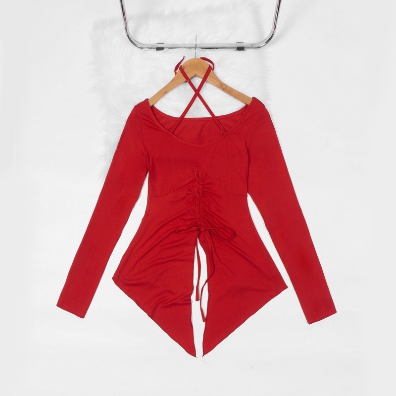 Áo thun đuôi cá rút dây body nữ rút eo kiểu tay loe dây chéo cổ chất thun gân