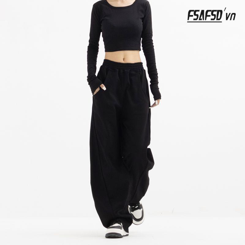 Quần thể thao ống rộng màu xám đậm lưng thun cho nữ phong cách hiphop 2023 mới