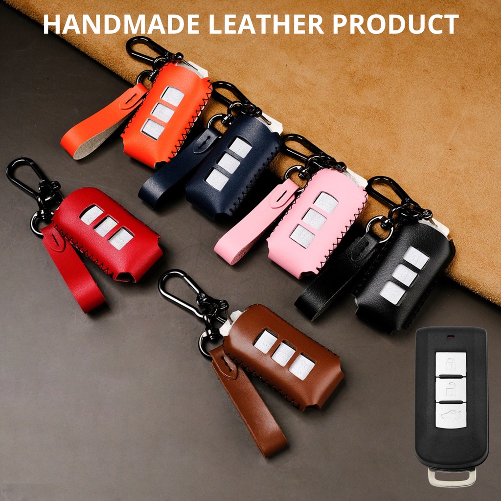 Bao da bọc chìa khóa smartkey ô tô Mitsubishi Xpander Triton Athlete Outlander Pajero Attrage 2022 khâu tay móc đen MI