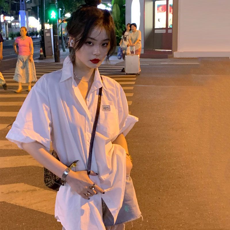 COZOKC Áo Sơ Mi Nữ Tay Ngắn Dáng Rộng Thời Trang Phong Cách Hàn Quốc