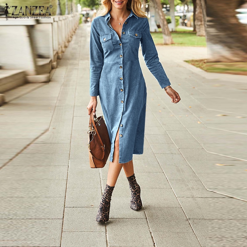 Zanzea Đầm Denim Dài Tay Có Túi Trước Ngực Gợi Cảm Cho Nữ