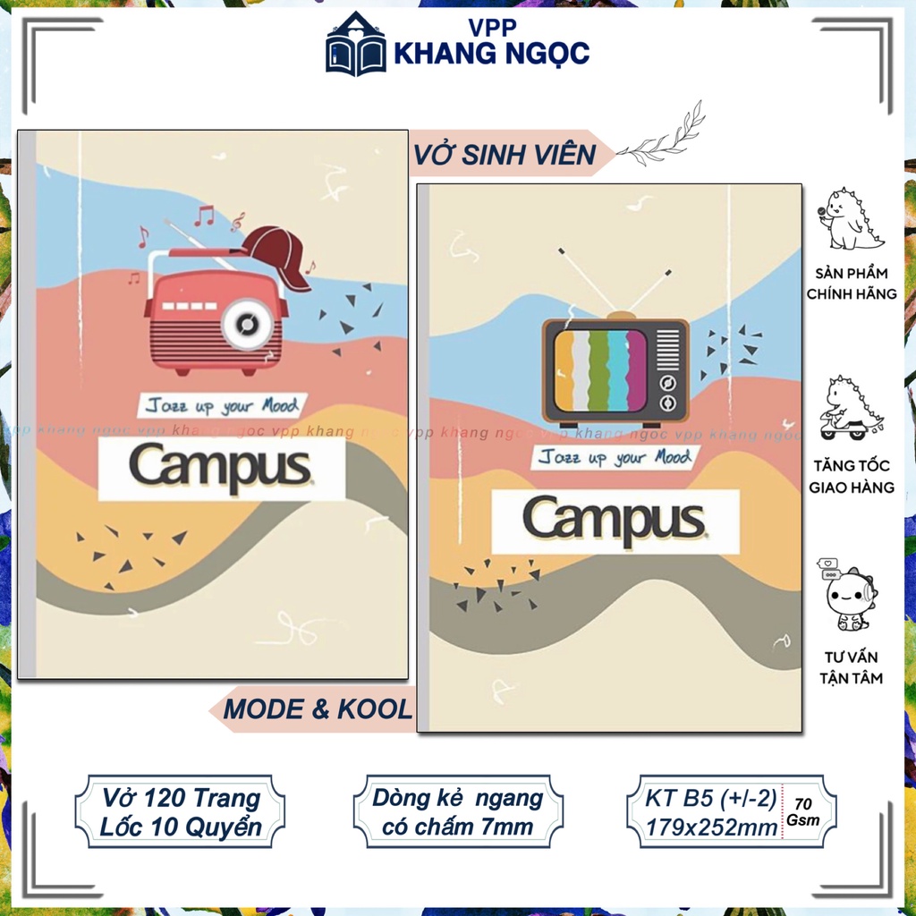 Lốc 10 Quyển Vở - Tập Sinh Viên Kẻ Ngang Có Chấm 120 Trang - Campus Mode And Kool, ĐL 70Gsm Khổ B5