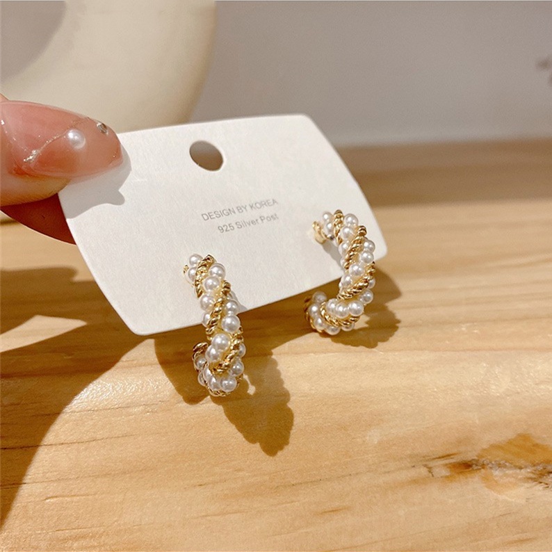 Mới Khuyên Tai Dạng Xoắn Đính Ngọc Trai Phong Cách Retro Hàn Quốc