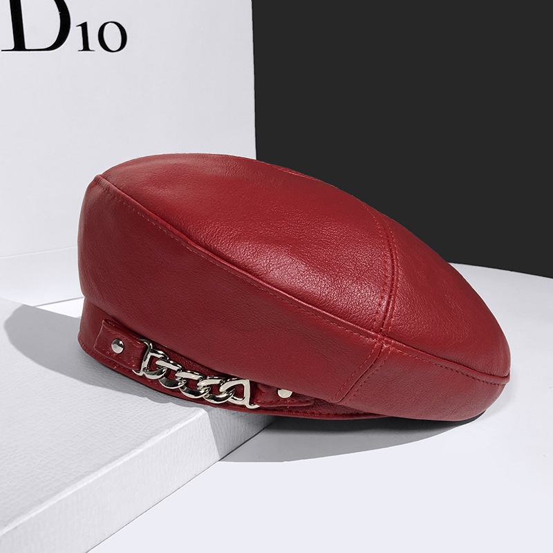 Mũ beret Da pu Cao Cấp Phối Dây Xích Phong Cách Anh Quốc Nhật Hàn Cho Nam Nữ