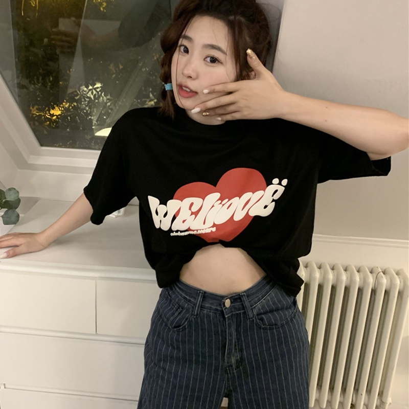 IELGY   Áo Thun Nữ Ngắn Tay In Hình Trái Tim