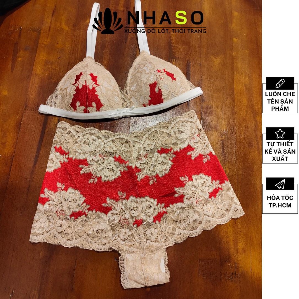 Bộ đồ lót ren 🔥NS003 hoa da gân đỏ không gọng mút vừa gợi cảm quần đùi boxer Nhà Sò