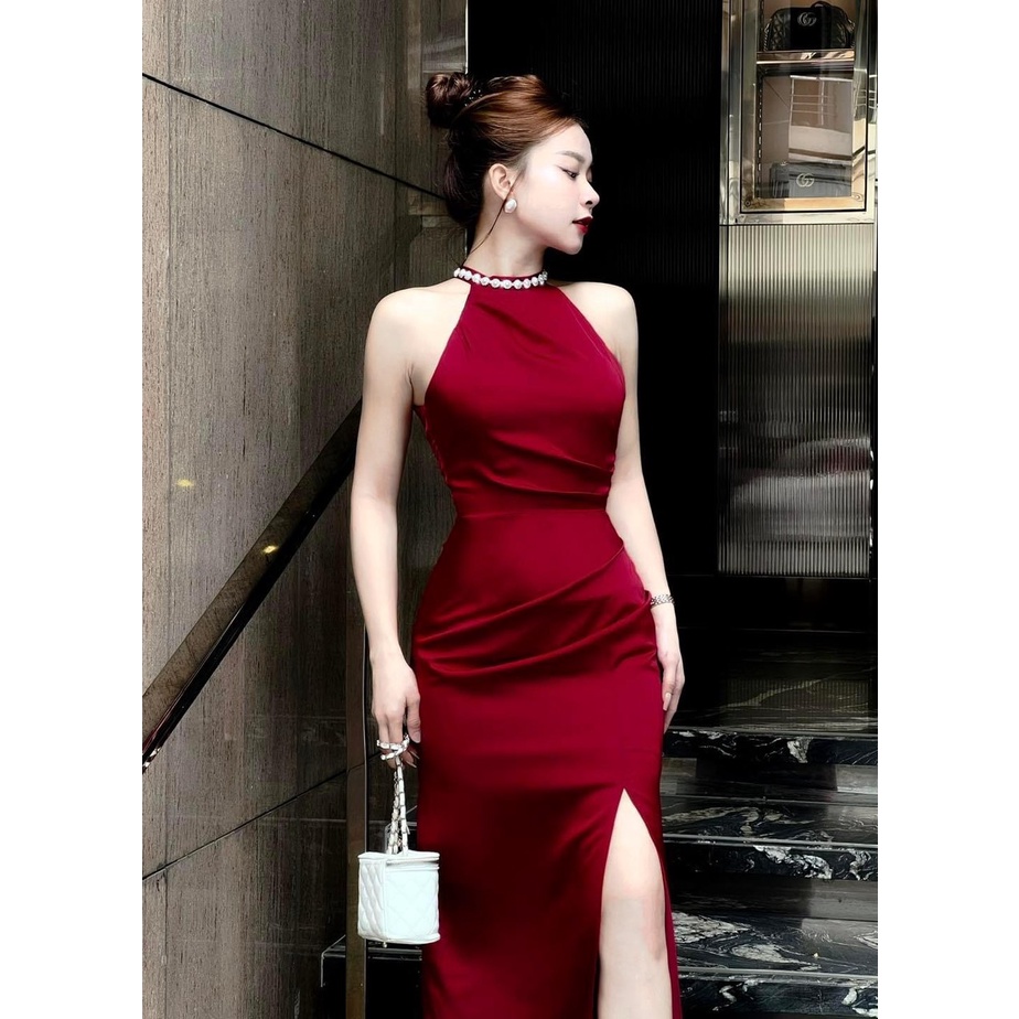 (HCM) Đầm phi dự tiệc cổ đính Ngọc trai siêu sang -thời trang quý cô , thời thượng , đi chơi - đám cưới cho các chị em