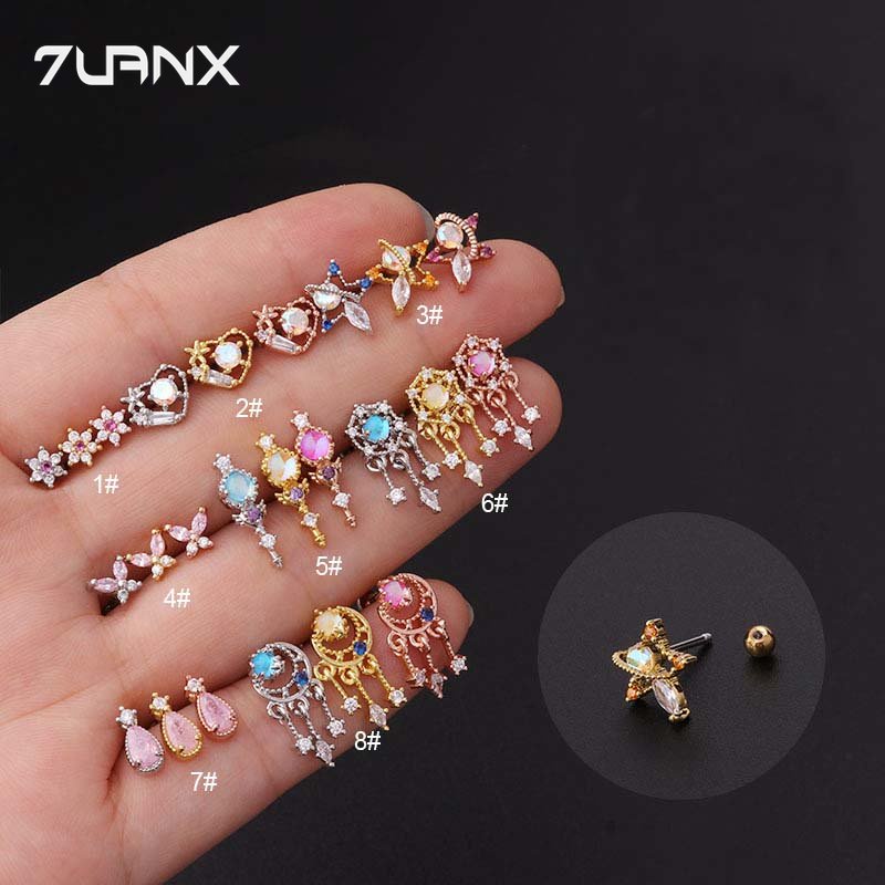 7uanX 1 Đôi Khuyên Tai Đính Đá Zircon Nhiều Màu Sắc Bằng Thép Không Gỉ 20G
