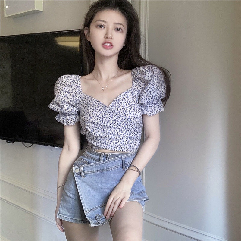 Áo Kiểu Tay Phồng Ngắn Cổ Vuông In Hoa Thời Trang Xinh Xắn Cho Nữ