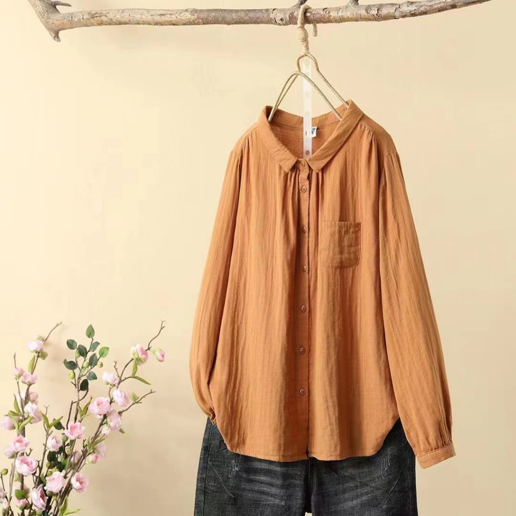 Áo Sơ Mi Cotton Lanh Ngắn Tay Dài Có Túi Mẫu Mới Xuân 2023 Dành Cho Nữ M-3xl