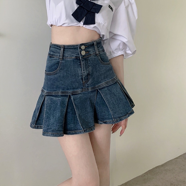 Chân váy jean cạp cao xếp ly, chân váy ngắn dáng xòe phong cách_v38