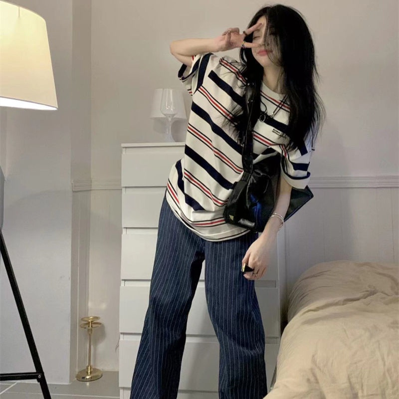 Jiashucheng Áo Thun Nữ Ngắn Tay Cổ Tròn Sọc Ngang Thời Trang Mới