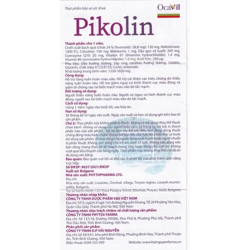 Viên uống Bổ Não, hỗ trợ tăng tuần hoàn máu não Pikolin Ocavill