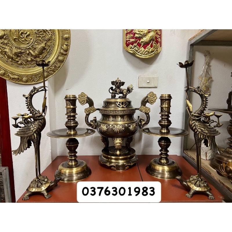 Bộ đỉnh ngũ sự đỉnh Hạc nến Đúc thủ công cao 50cm
