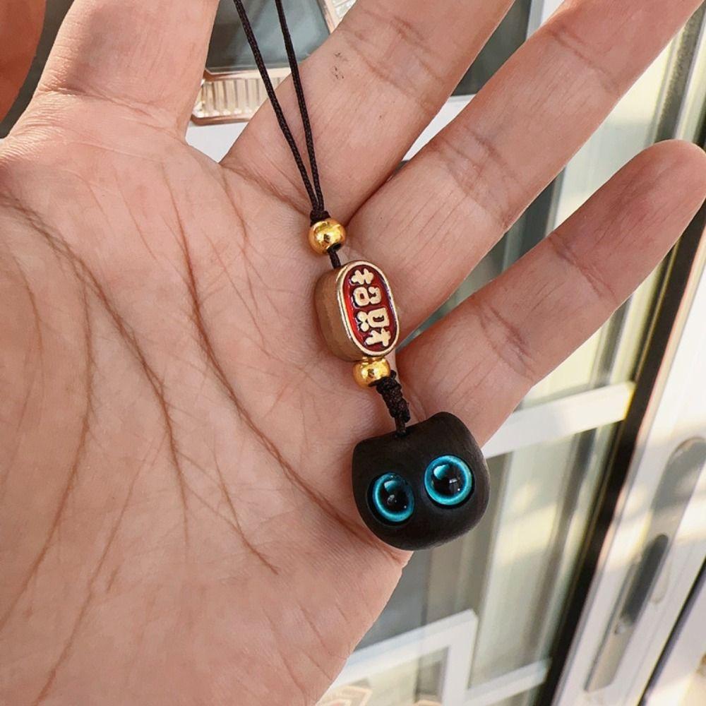 Dây Đeo Điện Thoại / Móc Khóa Hình Mèo May Mắn Bằng Gỗ Đàn Hương Phong Cách Trung Hoa Chống Thất Lạc