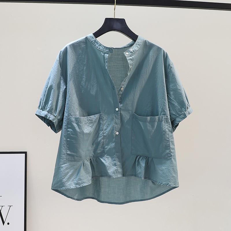 Áo Sơ Mi Cotton Cổ Tròn Ngắn Tay Hai Túi Phong Cách Hàn Quốc Thời Trang Mùa Hè 2023
