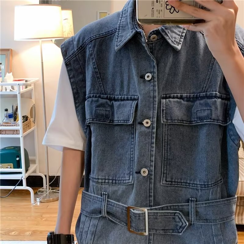 Áo khoác denim không tay phong cách Hồng Kông cho nam