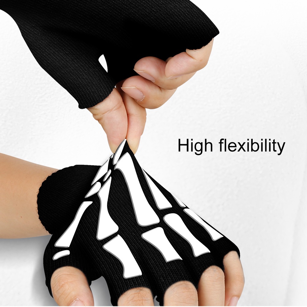 [Bán Chạy] Găng Tay Dệt Kim Hở Ngón Giữ Ấm / Đạo Cụ Hóa Trang Ngày Halloween Hình Đầu Lâu Dạ Quang Cho Nam Và Nữ