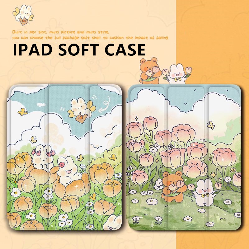 Ốp Máy Tính Bảng Mềm Hình Thỏ Và Hoa Có Ngăn Đựng Bút Cho iPad Gen10 Air4 / Air5 Gen7 / 8 / 9 Pro11 "Pro12.9" 2022 mini6