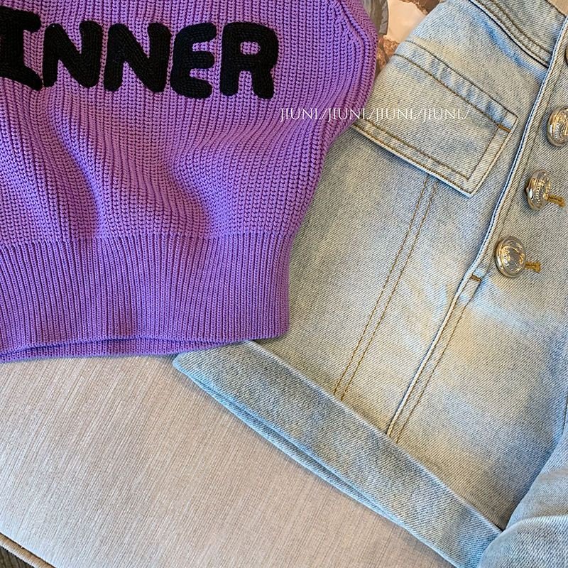 Áo Hai Dây Dệt Kim Ôm Dáng In Chữ Màu Tím Thời Trang Mùa Hè 2022 Mới Phong Cách Hàn Quốc Cho Nữ
