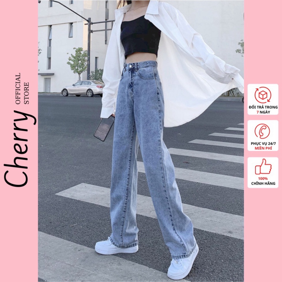Quần bò ống rộng nữ cạp cao CHERRY quần jeans ống rộng lưng cao, vải bò dày đẹp , không giãn ,dáng suông JN001