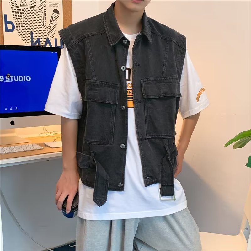 Áo khoác denim không tay phong cách Hồng Kông cho nam