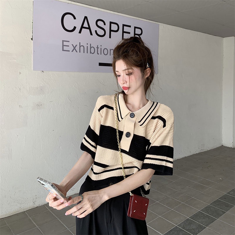 Áo polo Ngắn Tay Form Rộng Họa Tiết Kẻ Sọc Phong Cách Retro