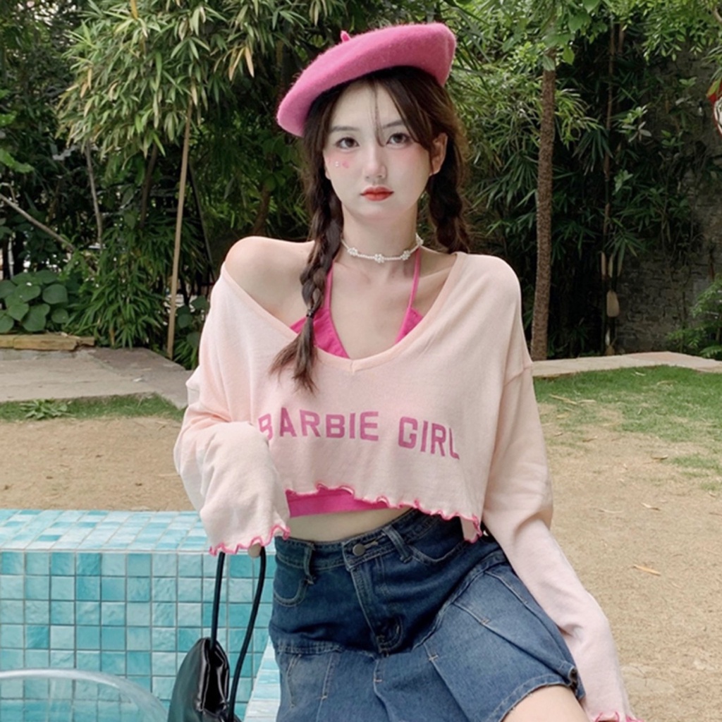 Áo croptop nữ BARBIE GIRL màu hồng và trắng ,Áo dài tay phong cách Đường Phố | BigBuy360 - bigbuy360.vn