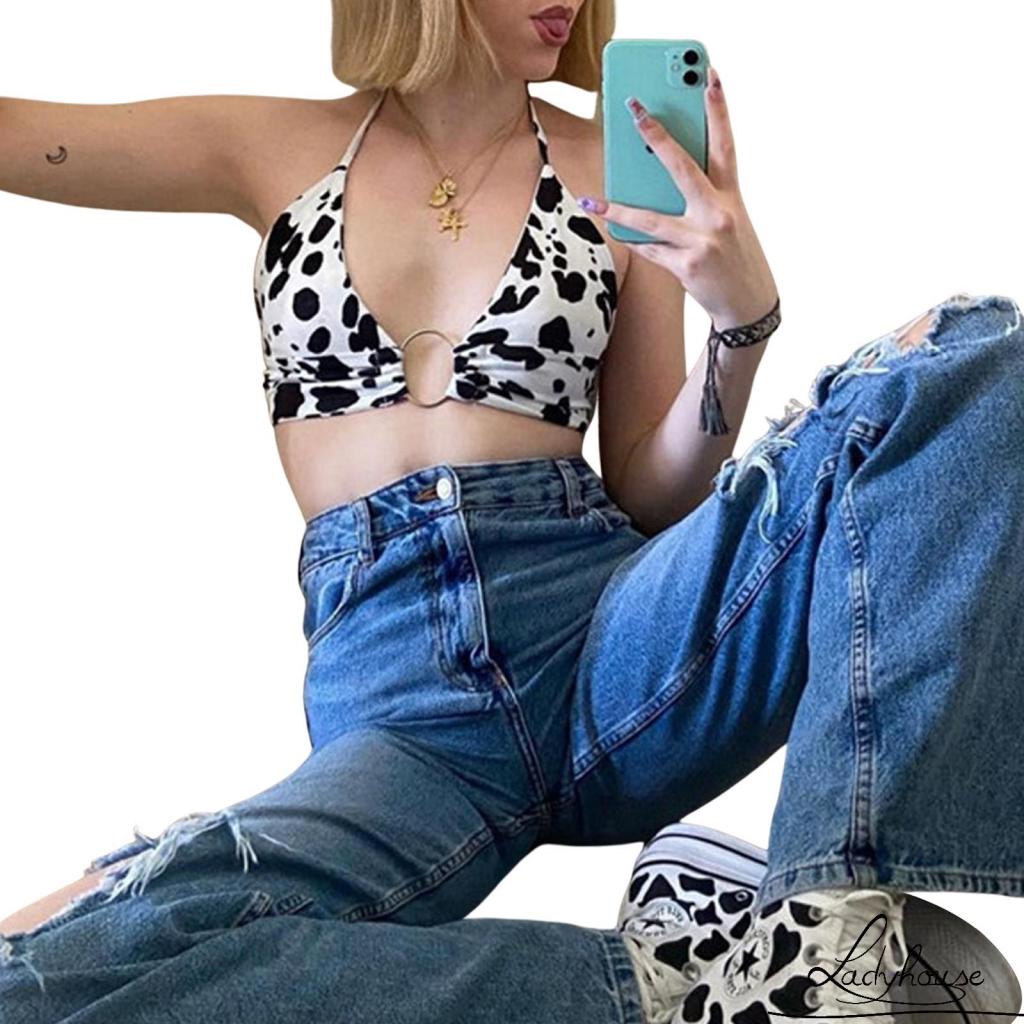 Áo Crop Top Hai Dây Cổ Chữ V In Hình Bò Sữa Với Vòng Kim Loại Màu Trắng Đen Cho Nữ