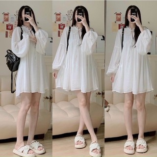 Đầm BBD trắng tay bí dáng xoè rộng cổ bèo dây cột nơ freesize Pumi