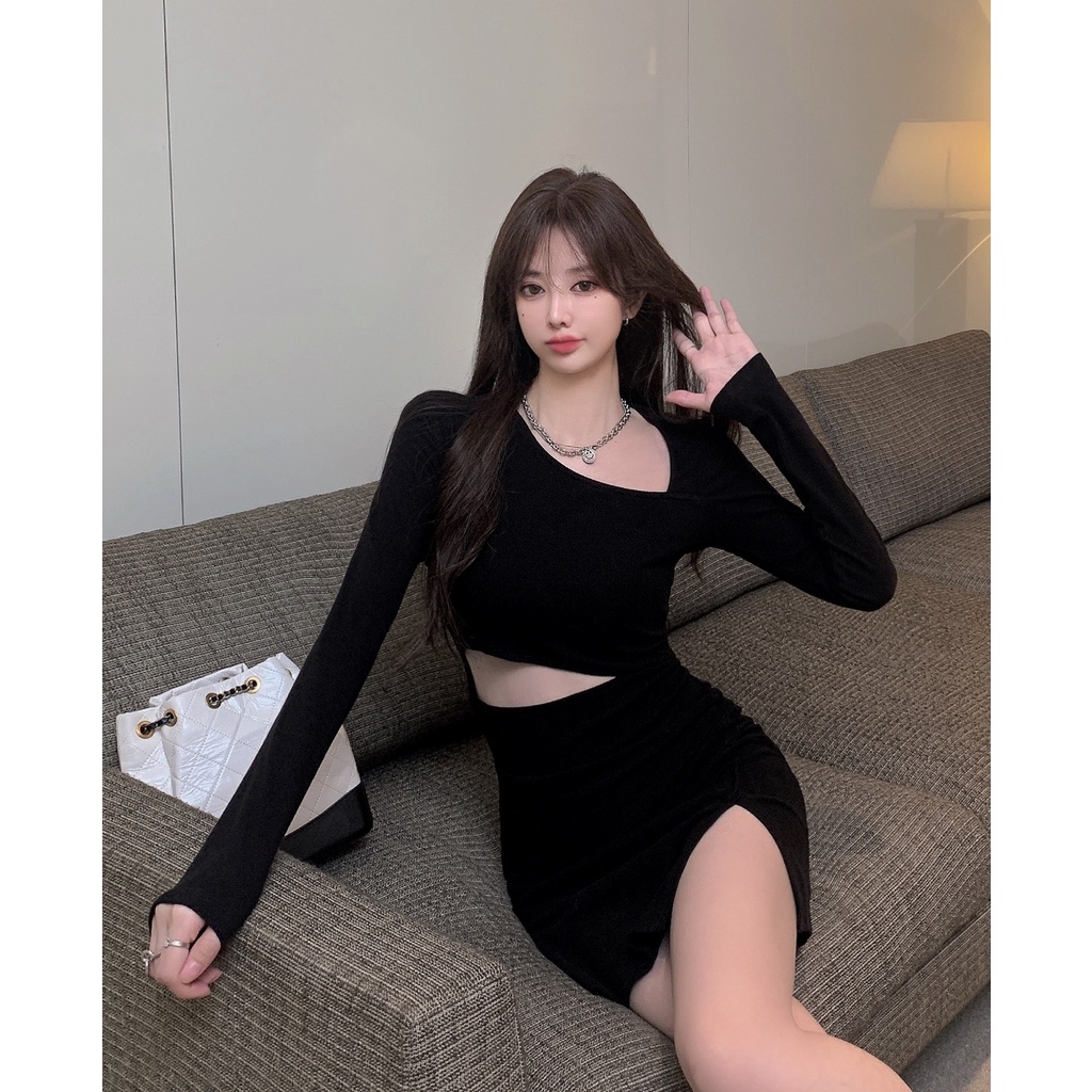 Neeeh Đầm Ôm Eo Tay Dài Cổ Chéo Gợi Cảm Phong Cách Mới Cho Nữ