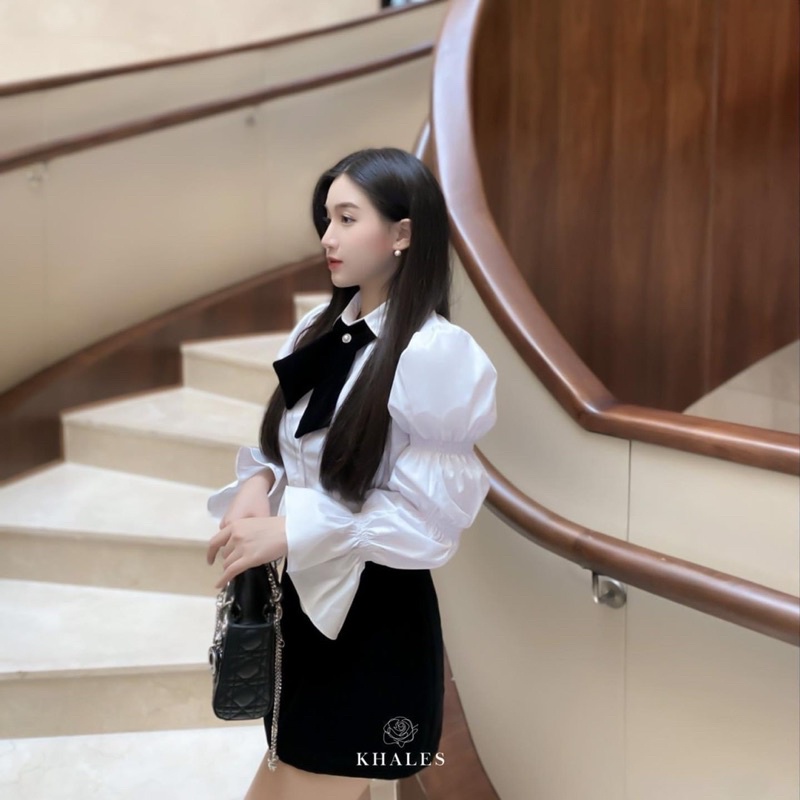 [ 𝐅𝐑𝐄𝐄 𝐒𝐇𝐈𝐏 ] Sét sơmi thiết kế nhún tay  Áo chất thô sơmi lên form điệu, cổ có dây chéo nơ chất nhung, có thể tháo rời