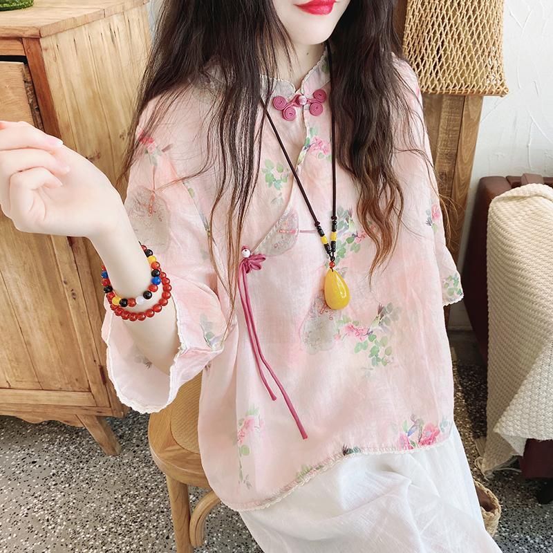 Áo Sơ Mi Vải Lanh cotton Tay Lửng Cột Dây Chéo In Họa Tiết Hoa Thời Trang Mùa Hè Hàng Mới 2023